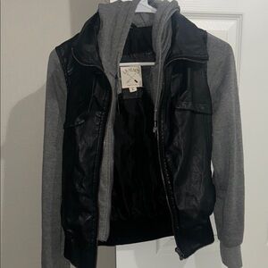 La Hearts Black Faux Leather Body with Gray Hoodie Jacket